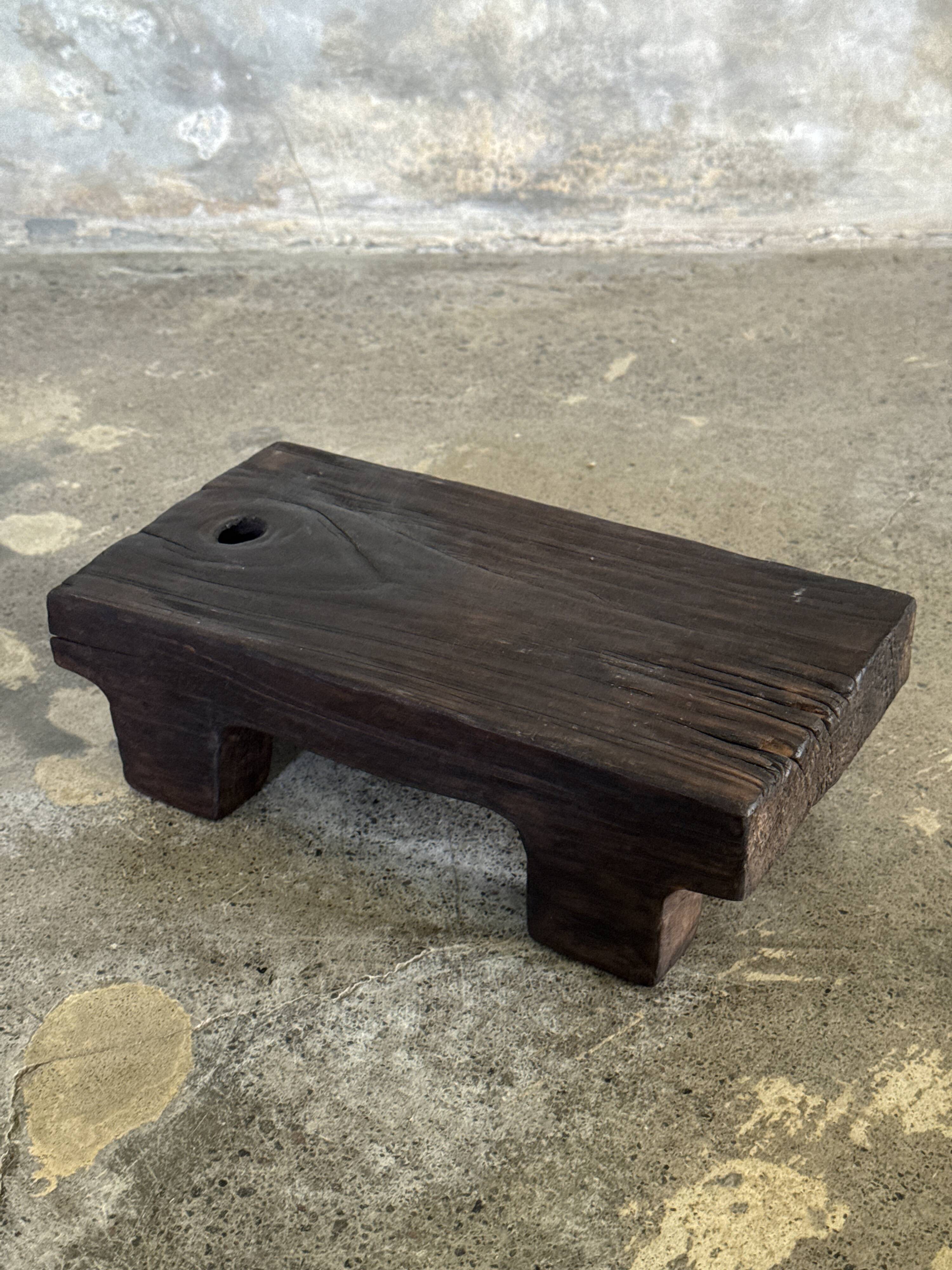 Small stool, black solid teak accent stool wabi-sabi L30 W8.5 H6.