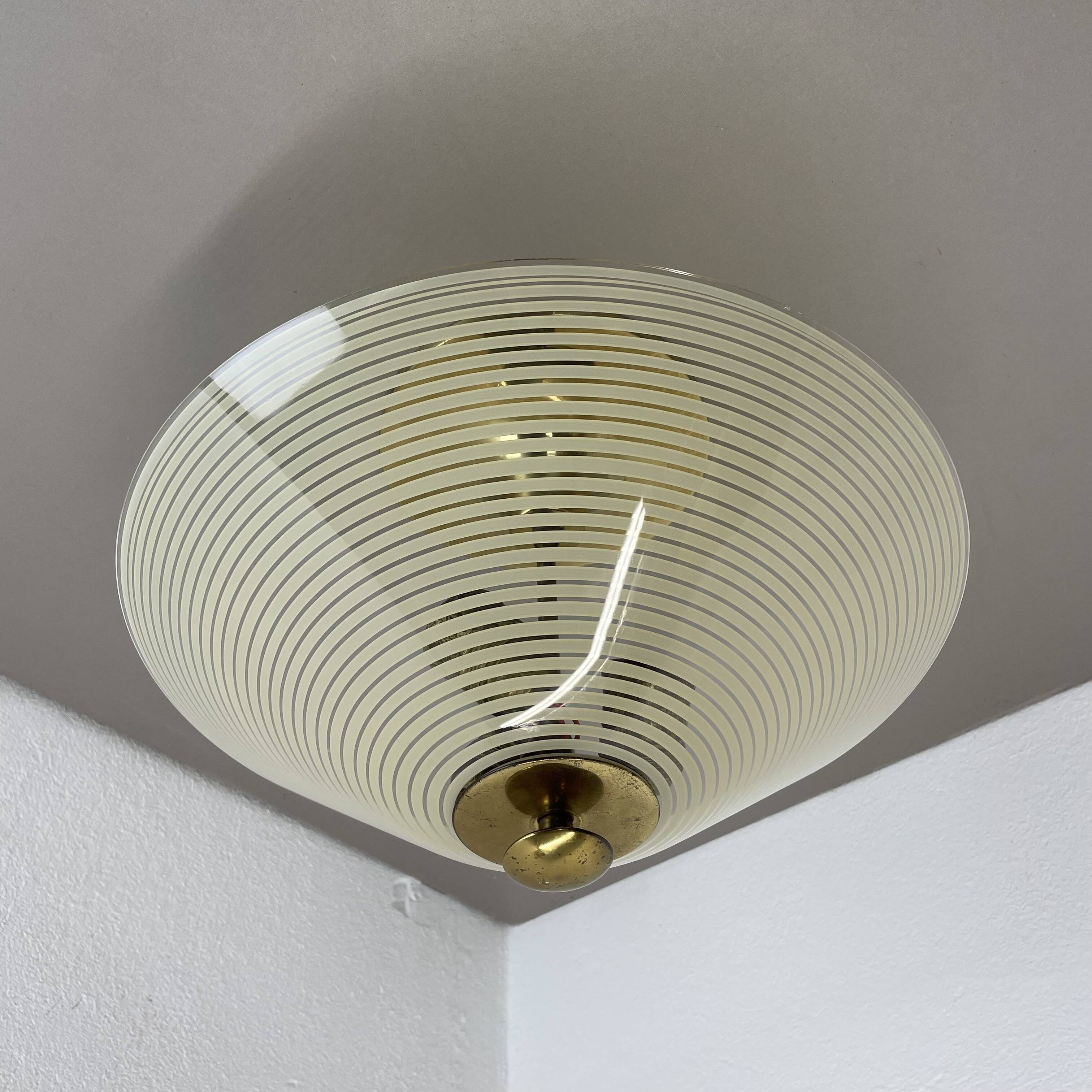 Modernist brass and glass Ceiling Flushmount Light, Italy 1950s