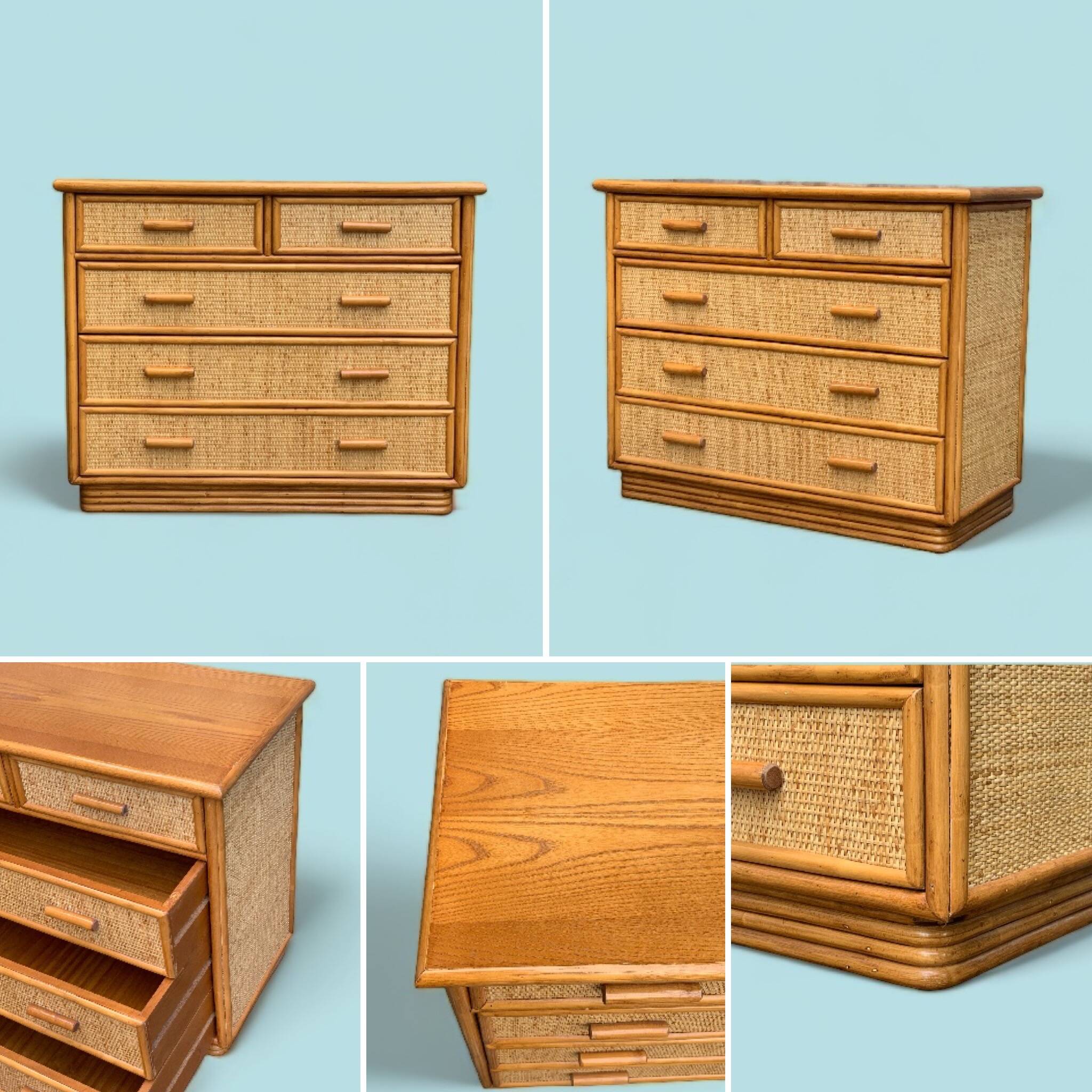 Vintage rattan and woven wicker chest of drawers 1970