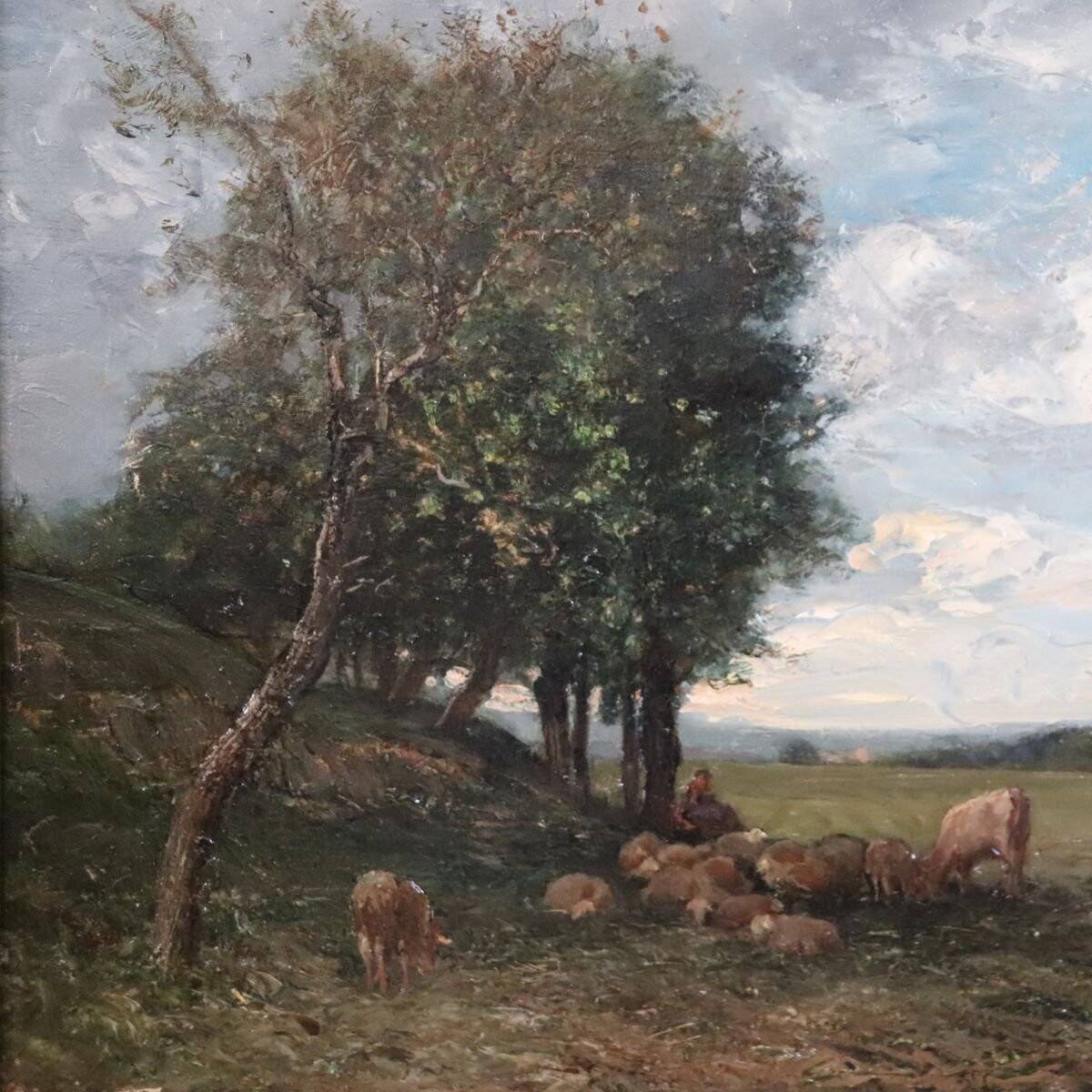Peinture à l'huile sur panneau, paysage avec un troupeau de moutons, signé V. Bussolino, Italie, 19e siècle