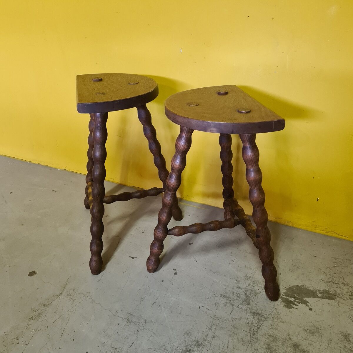 Set vintage french wooden peasant stools, from the 1970
