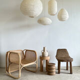 Suspension in rattan and japanese natural linen in the shape of a lantern h50 d30