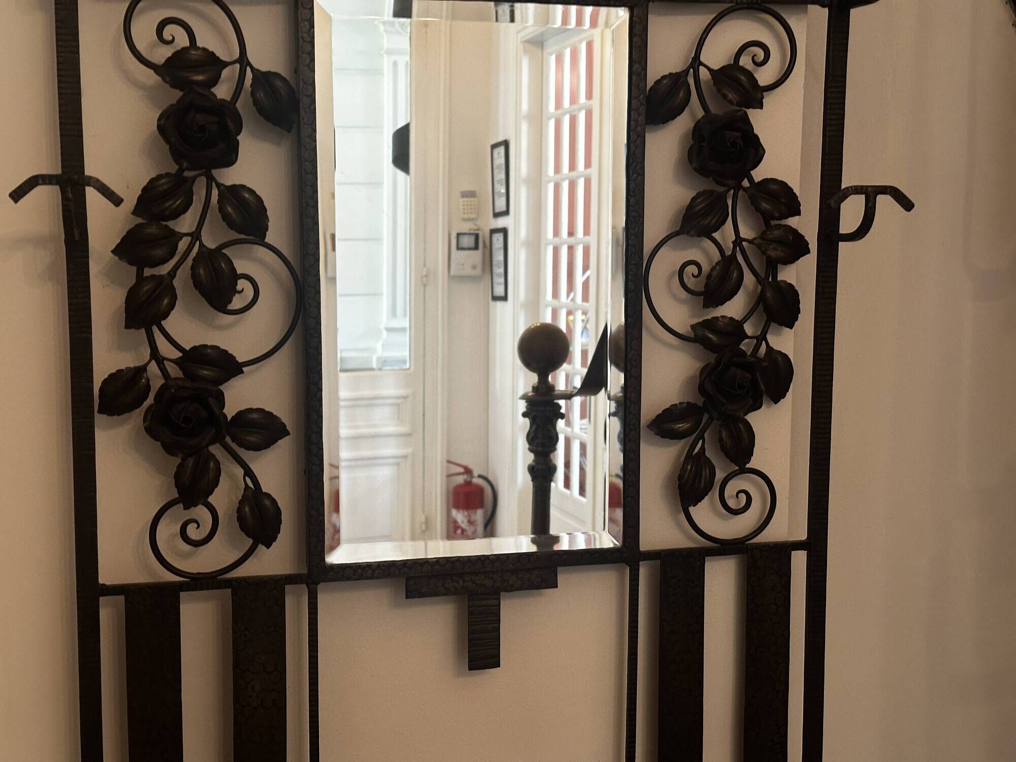 Art deco wrought iron coat rack and Degue lamp