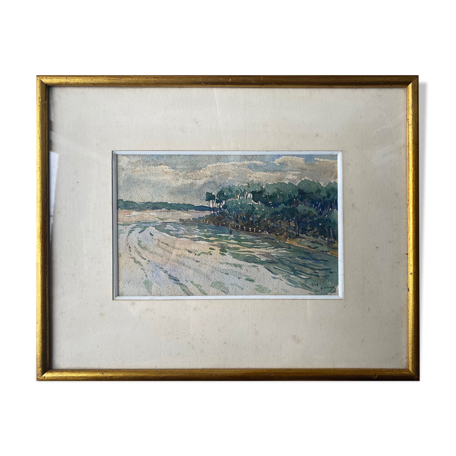 Painting "Tree Riverside Landscape" Watercolor signed dated 1949