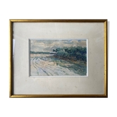 Tableau "Paysage de bord de rivière arborée" Aquarelle signée datée de 1949