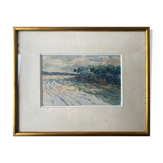 Tableau "Paysage de bord de rivière arborée" Aquarelle signée datée de 1949