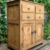Parisian art deco sideboard in solid raw wood with pyrographed decorations, 1929