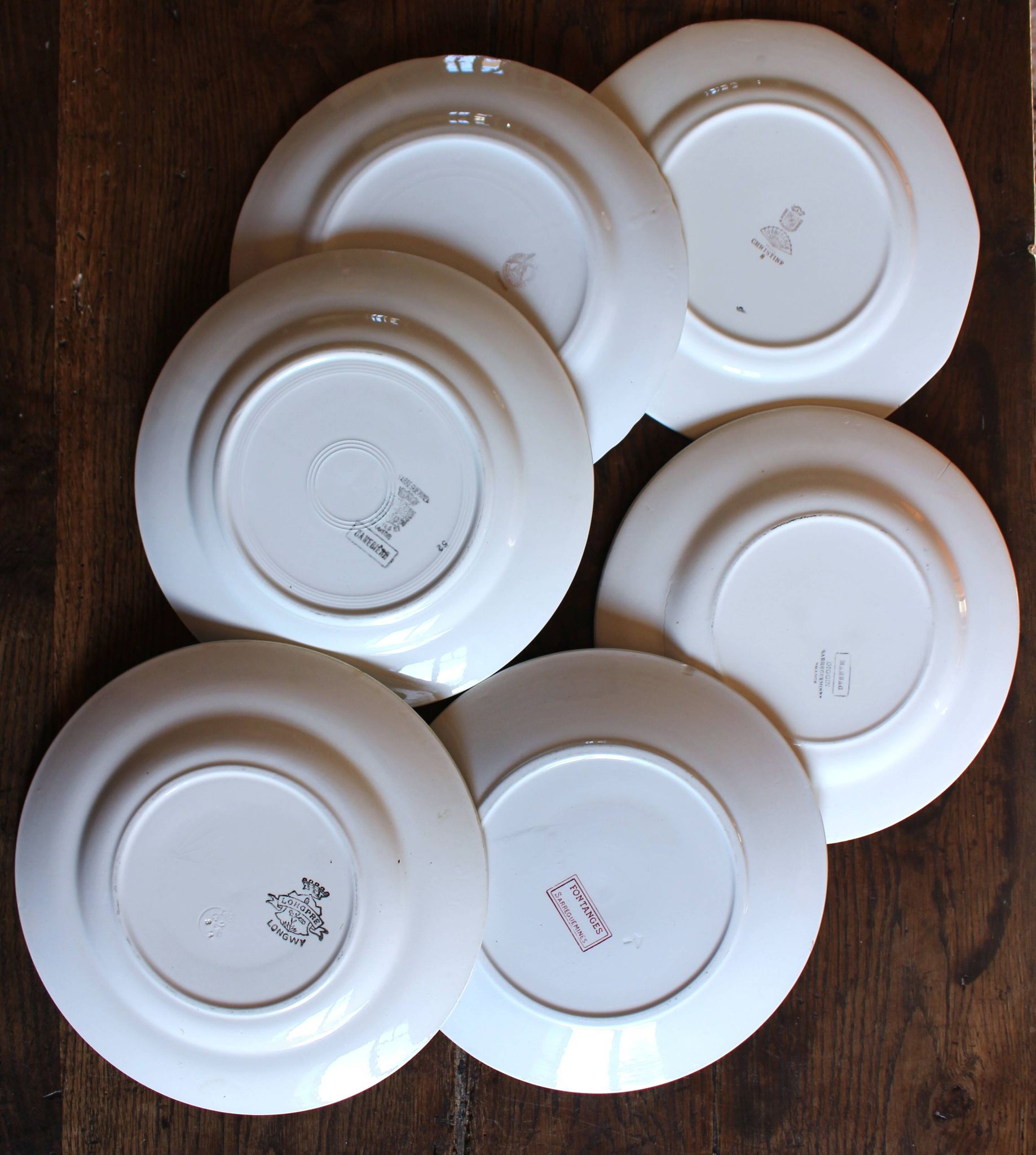6 mismatched flat plates Fontanges Marsac Longwy Digoin