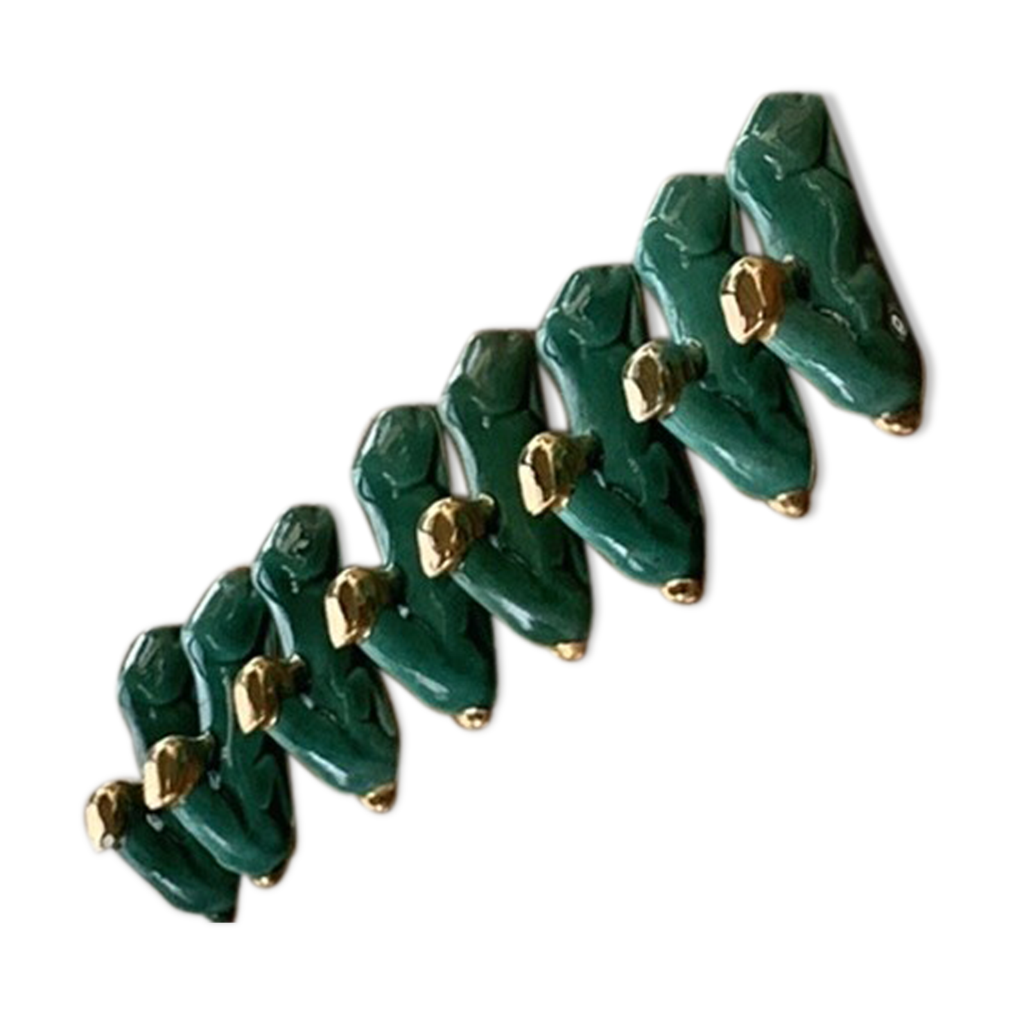 8 knife-wielding gazelles dabbling in green enamelled ceramic and vintage gold 1950