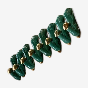 Set de 8 porte couteaux les gazelles barbotine en céramique émaillée vert et or vintage 1950