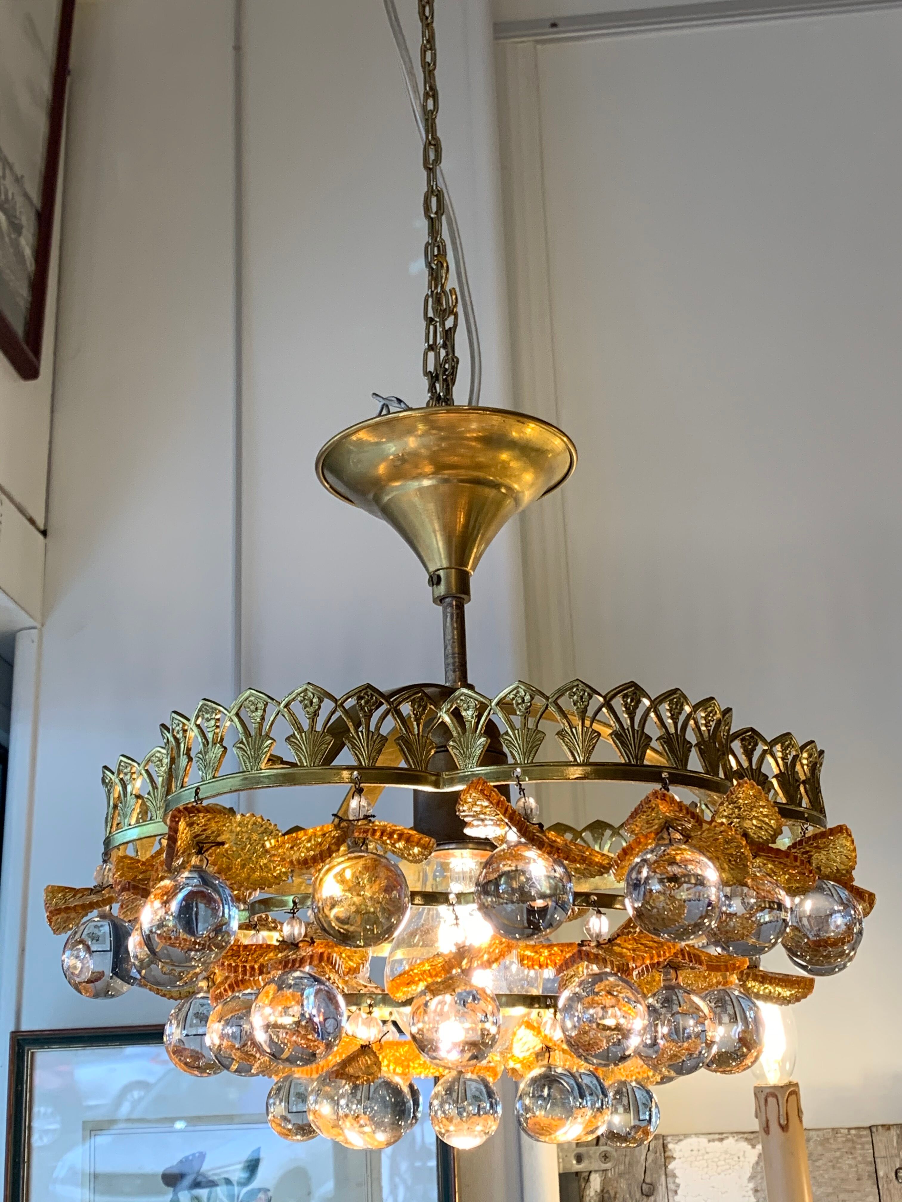 Murano ceiling light yellow flowers and glass balls 1970