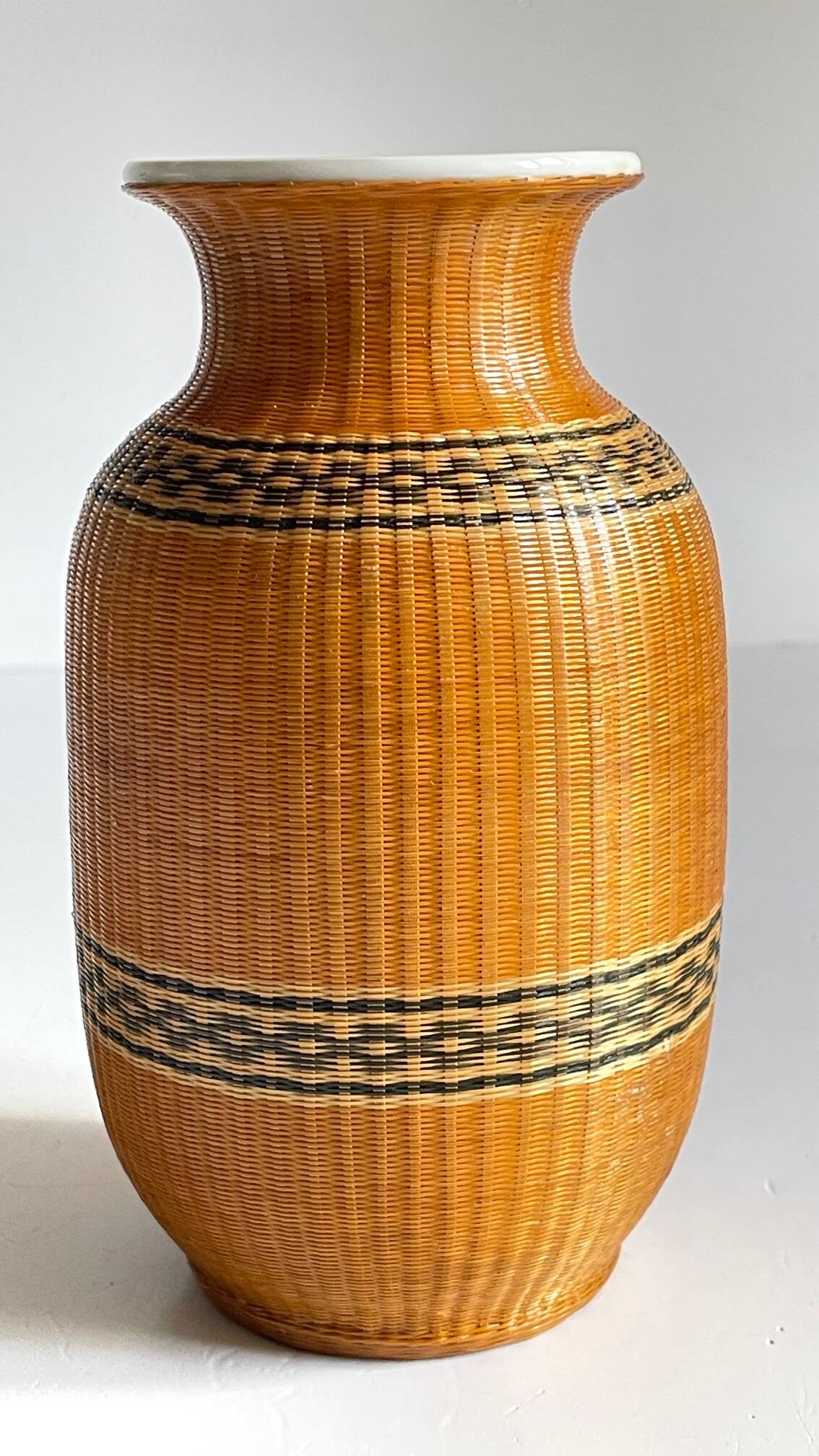 VINTAGE Woven Bamboo and Fine Porcelain VASE
