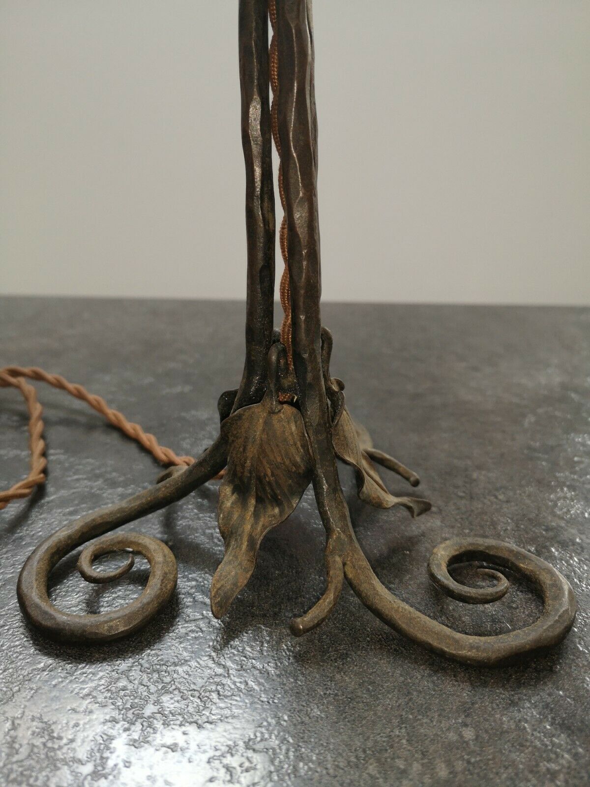 Old wrought iron lamp opalescent glass art deco