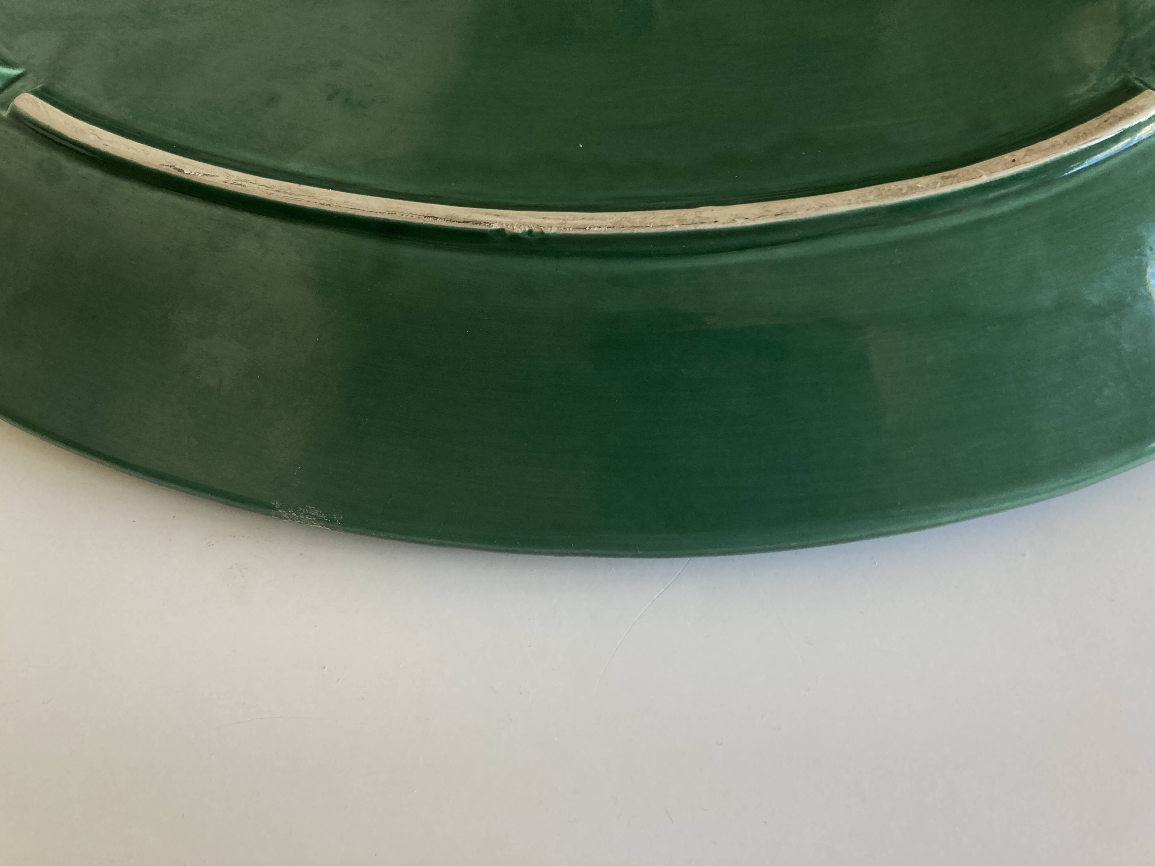 XXXL oval earthenware centerpiece dish with pearl decor, green covered, 1960s