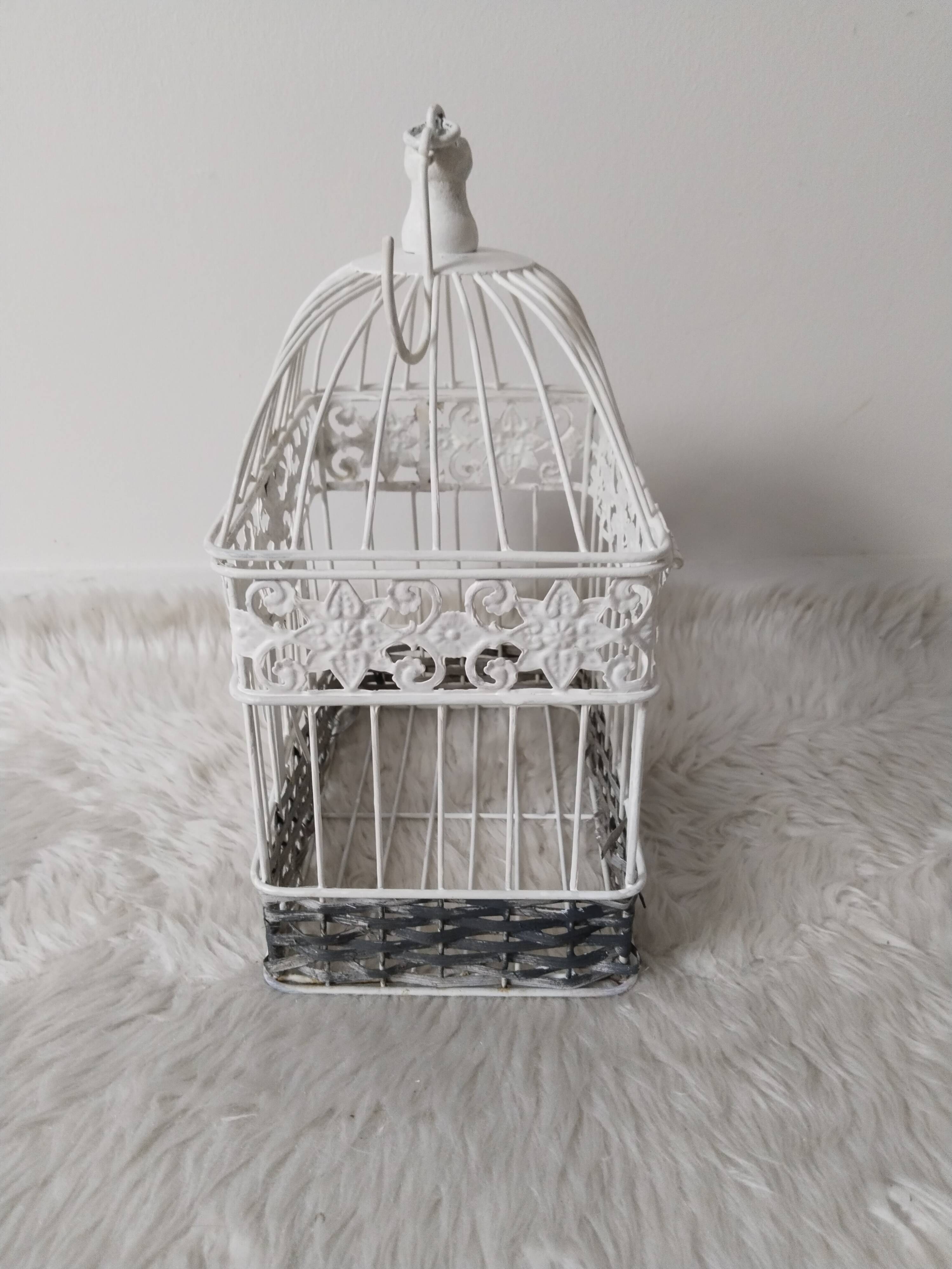 Cage for metal decoration, white patina and rattan, wedding decoration, aviary