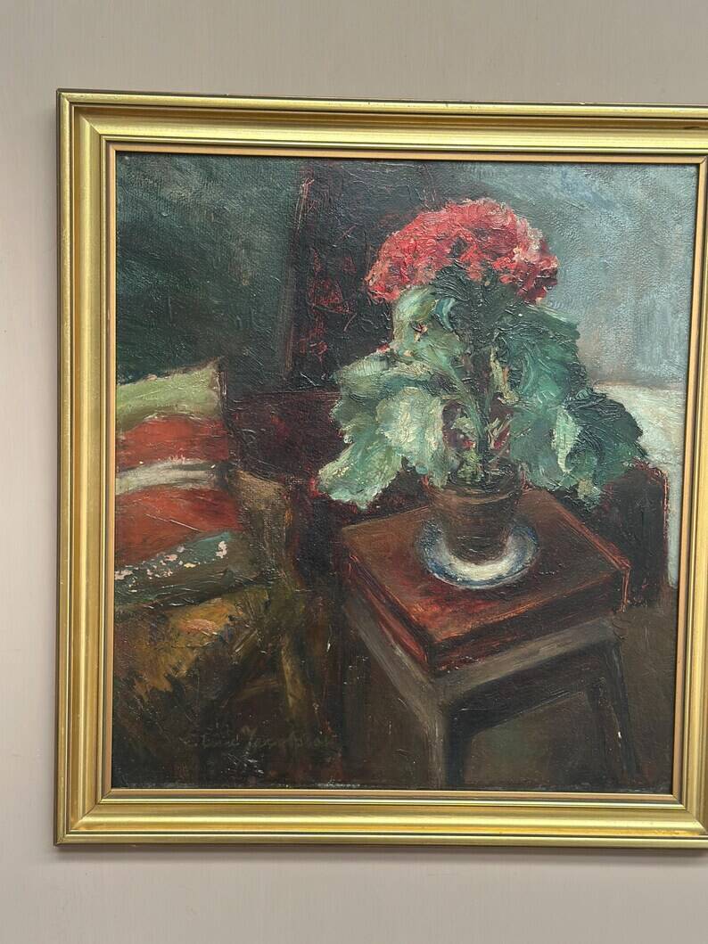 Original Swedish Oil on Panel - "Cineraria i Kruka" by Elna Jacobsson - Signed - Vintage and Framed - 48 × 43.5 cm (18.9" × 17.1")