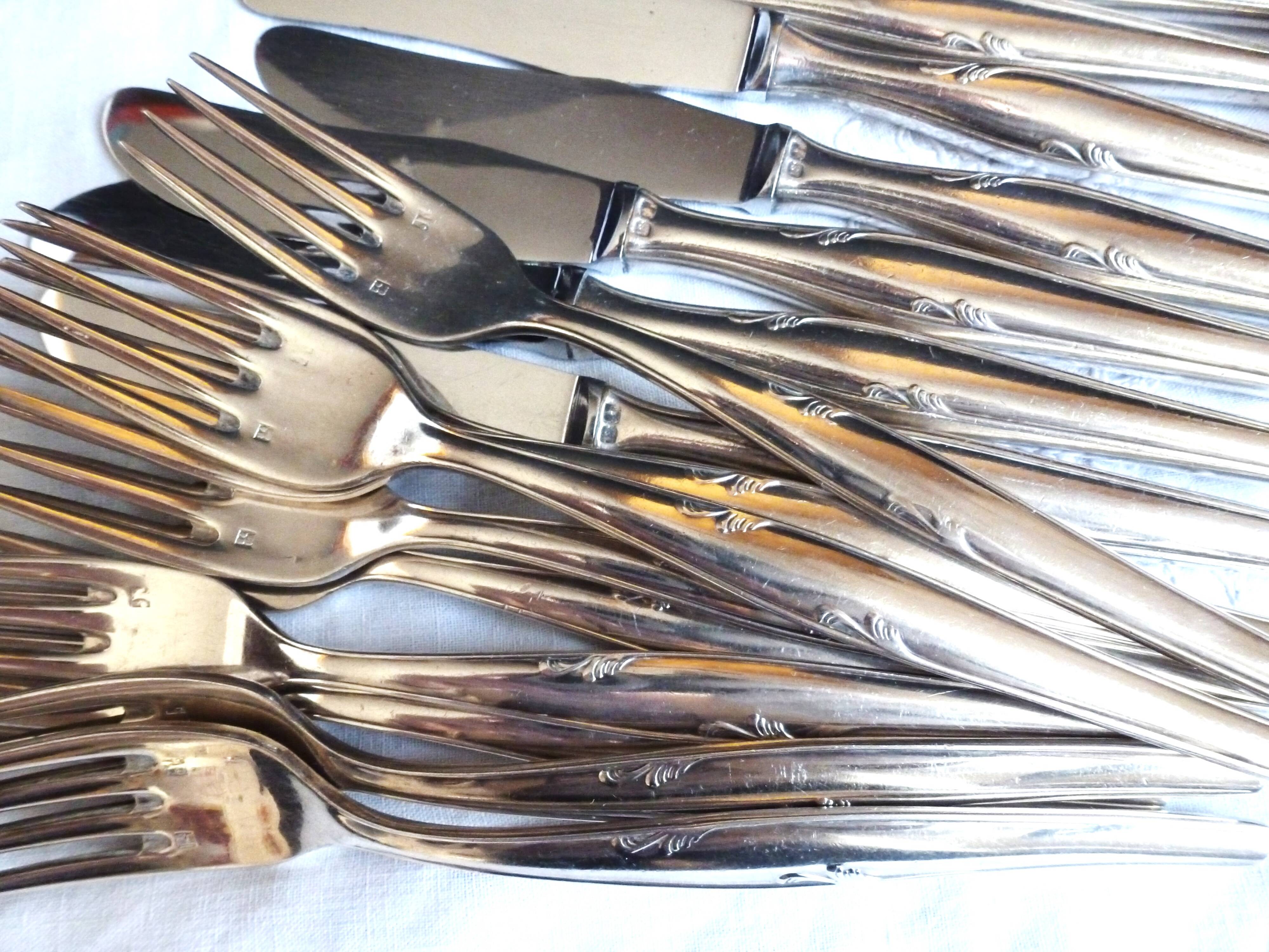 Art Deco silver-plated table cutlery set, silver metal tableware.