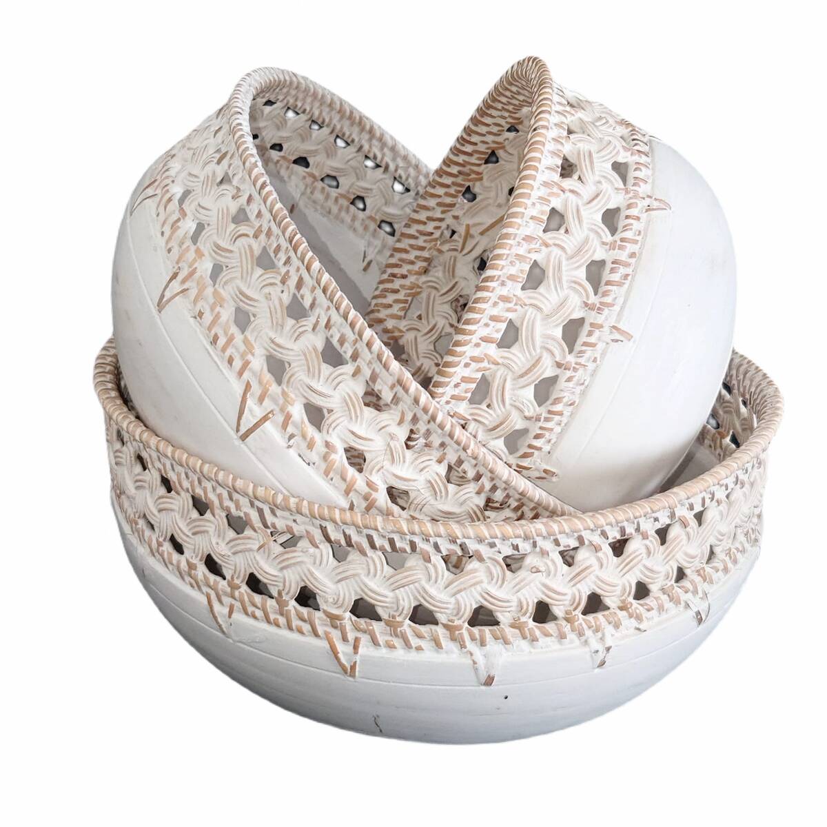 Wooden Bowl with Rattan Details - Set of 3