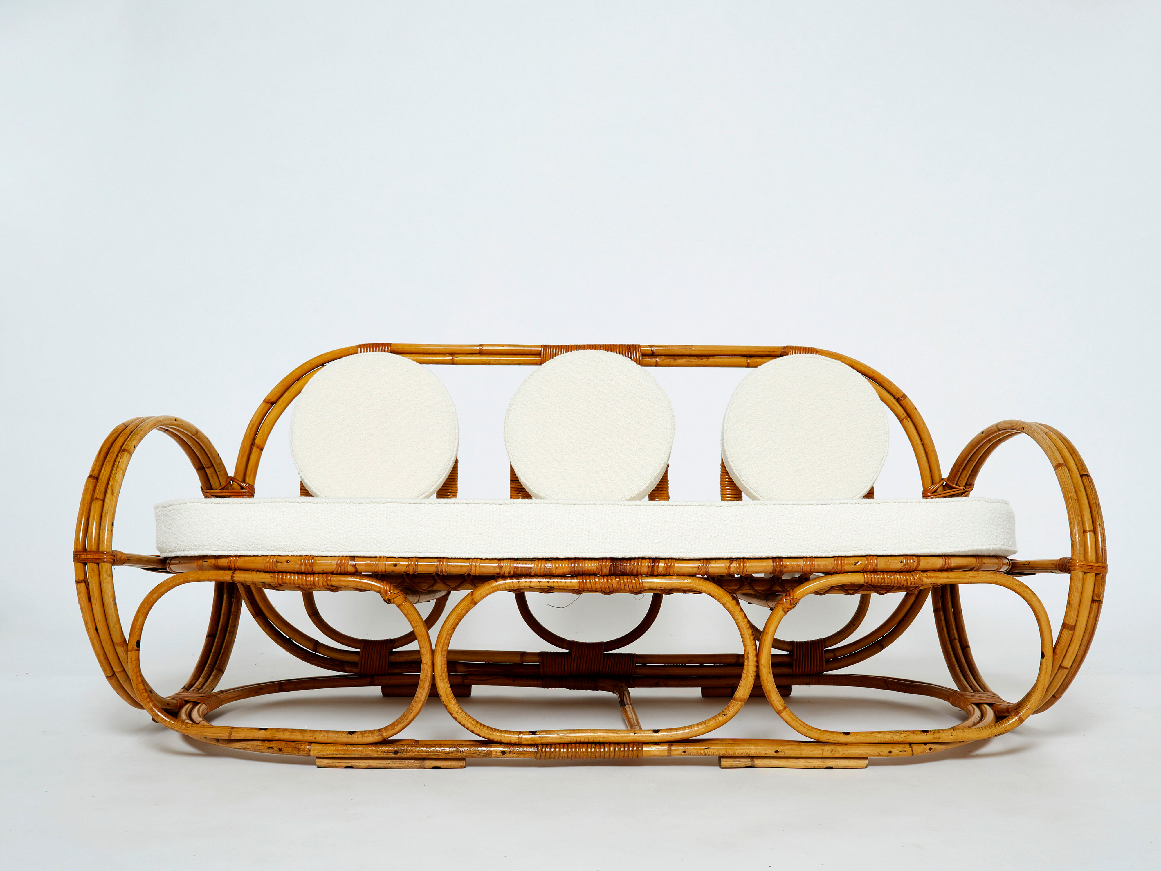 Sofa and italian poufs bamboo curly wool around 1960