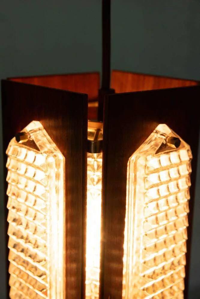 Vintage wooden and glass suspension Flygsfors Facette, glass lamp.