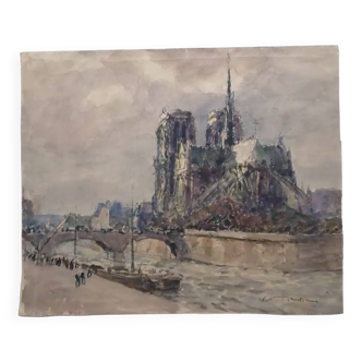 Watercolour of Notre-Dame de Paris by Ferdinand Fortuné Truffaut (1866–1955)