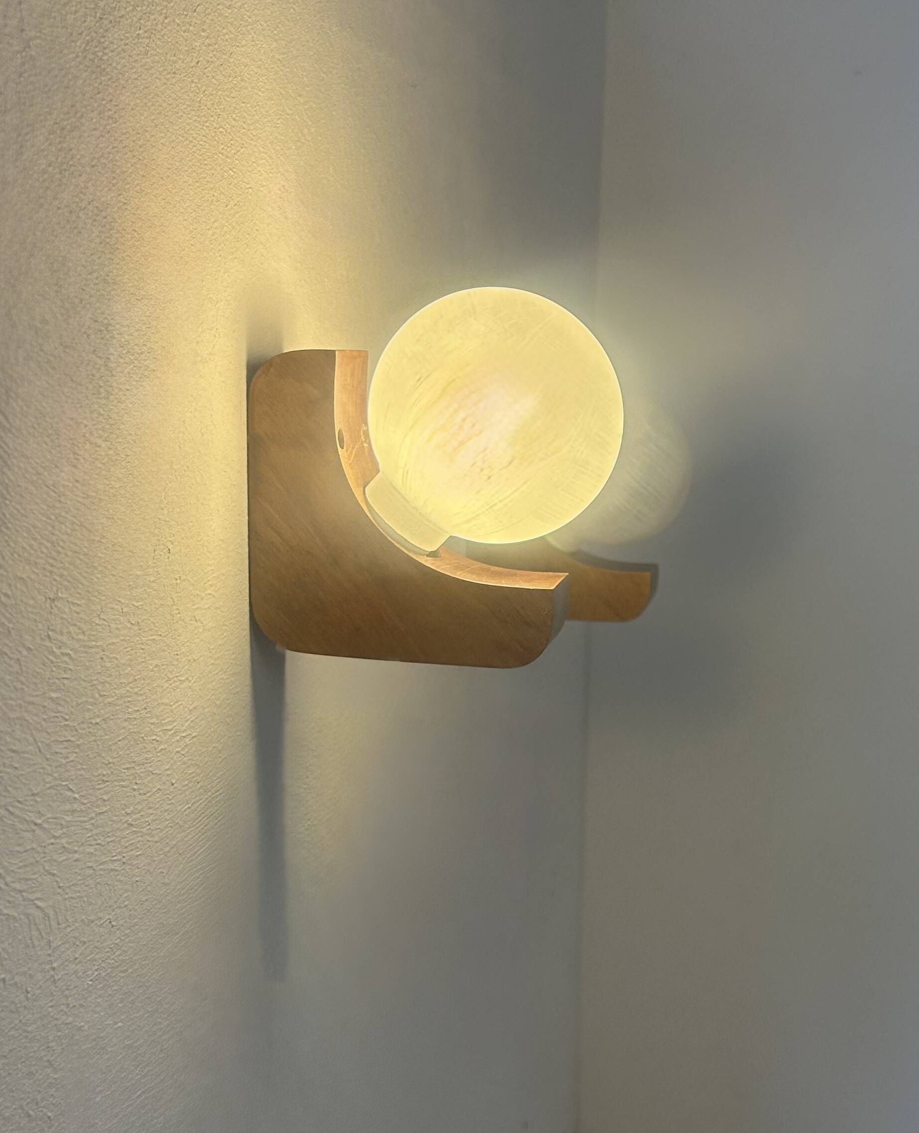 Pair of vintage wall lights, wood and opaline glass, France, 1970