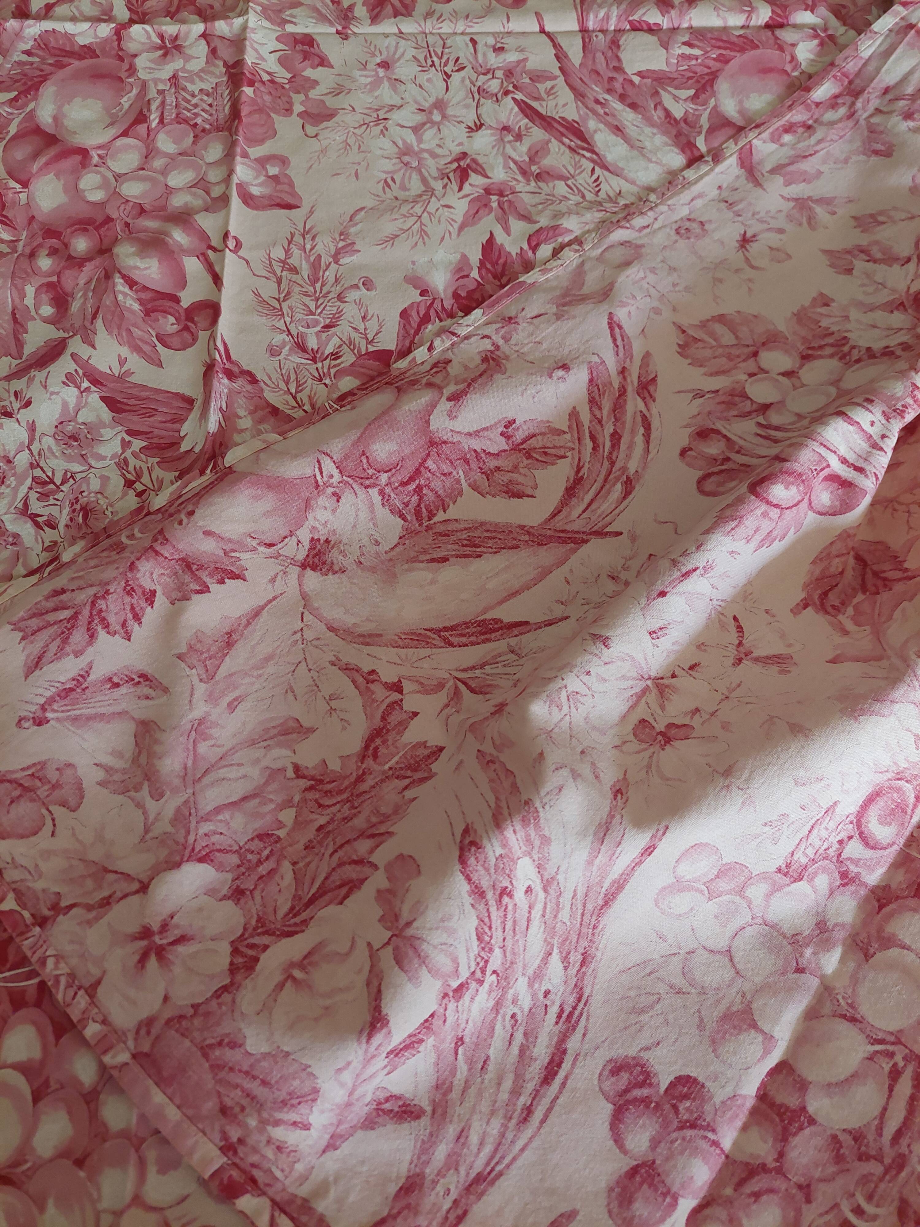 Vintage cotton tablecloth with birds and pink flowers 135 X 145 cm