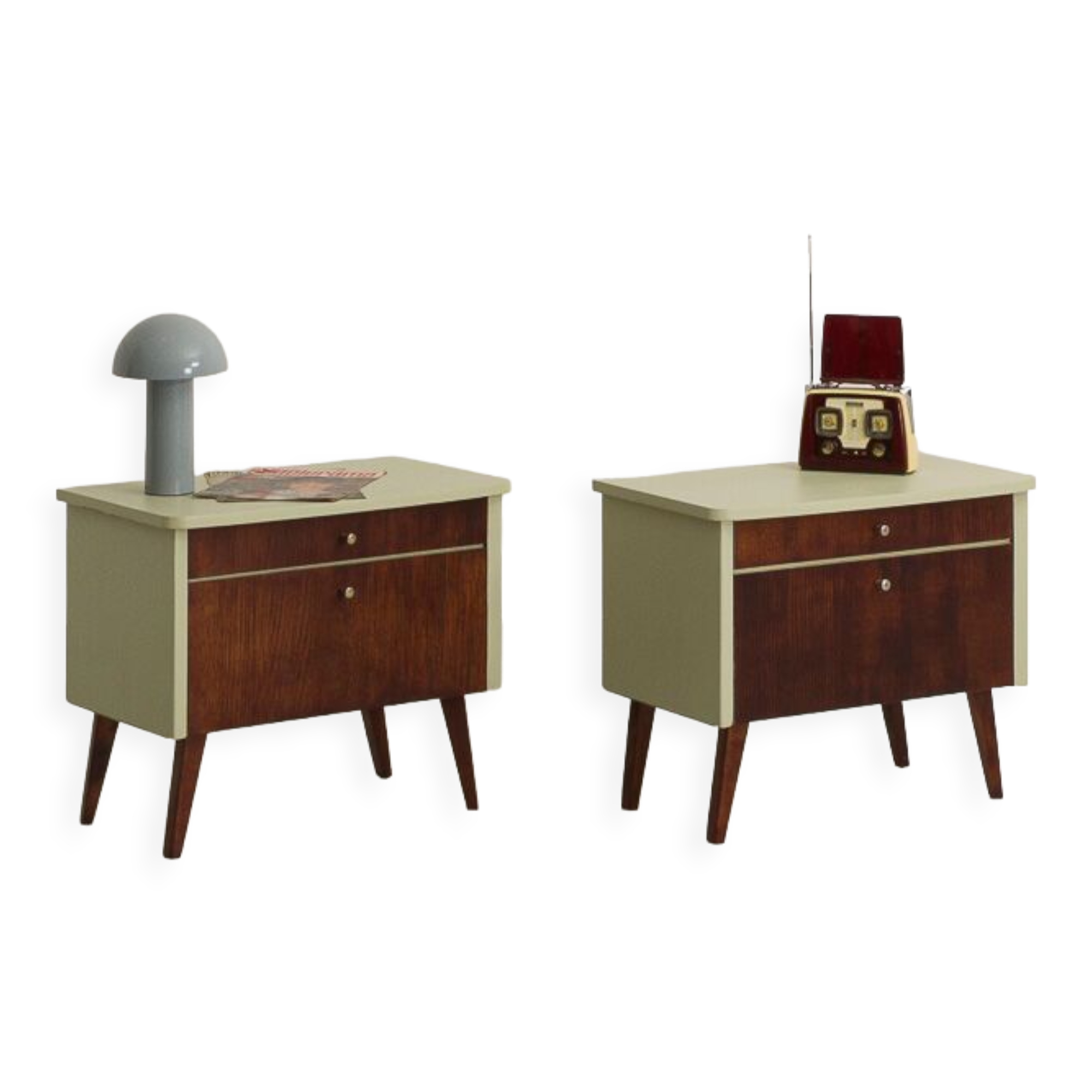 Pair of vintage bedside tables completely restyled in pale green on solid beech compass legs