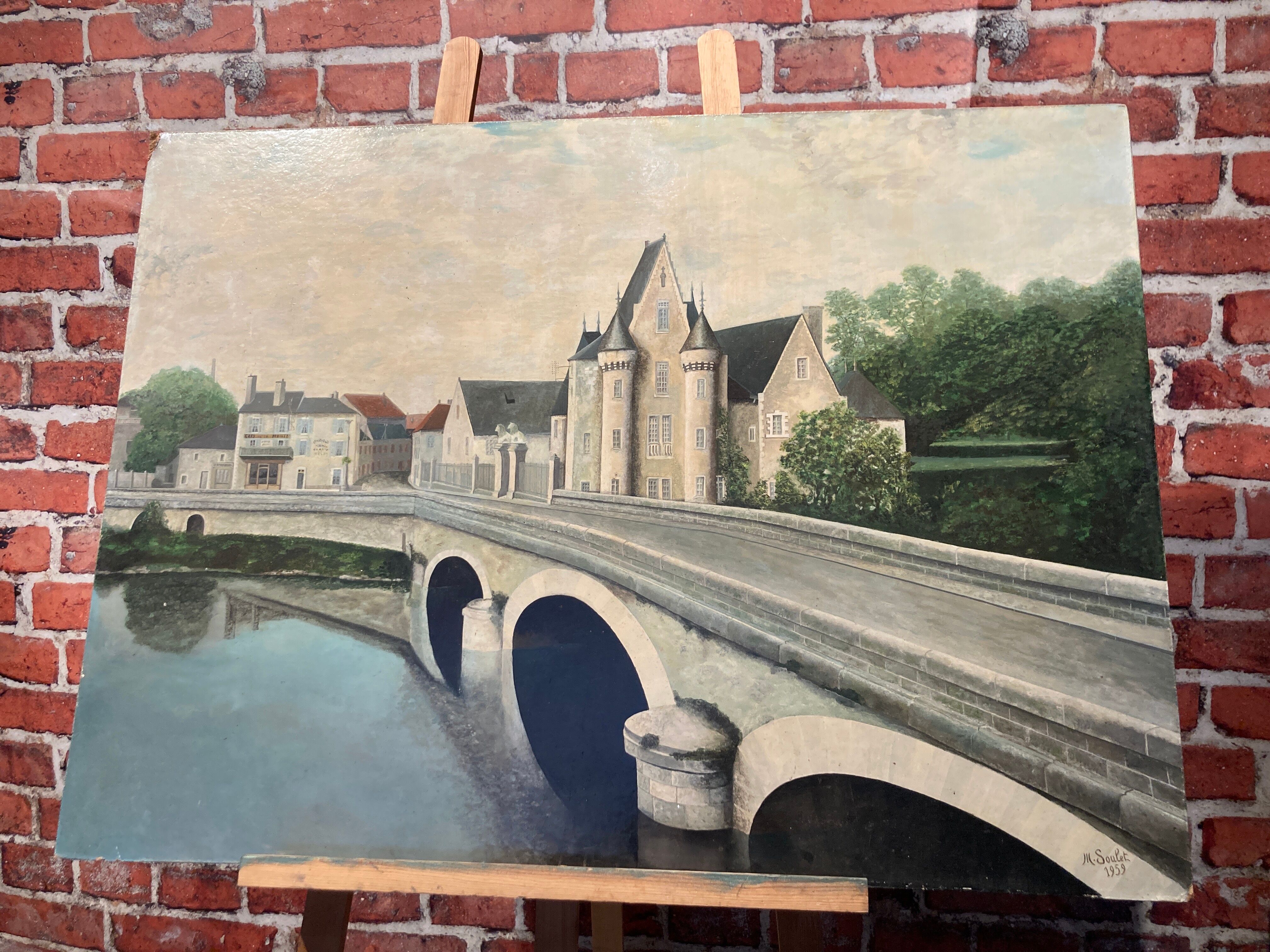 Painting on isorel of the bridge of chouze sur Loire