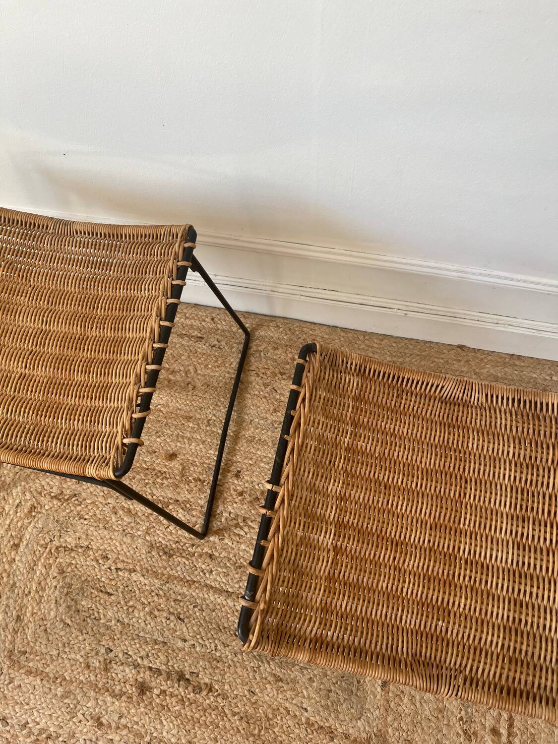 Pair of Raoul Guys stools for Airborne in wicker 1950