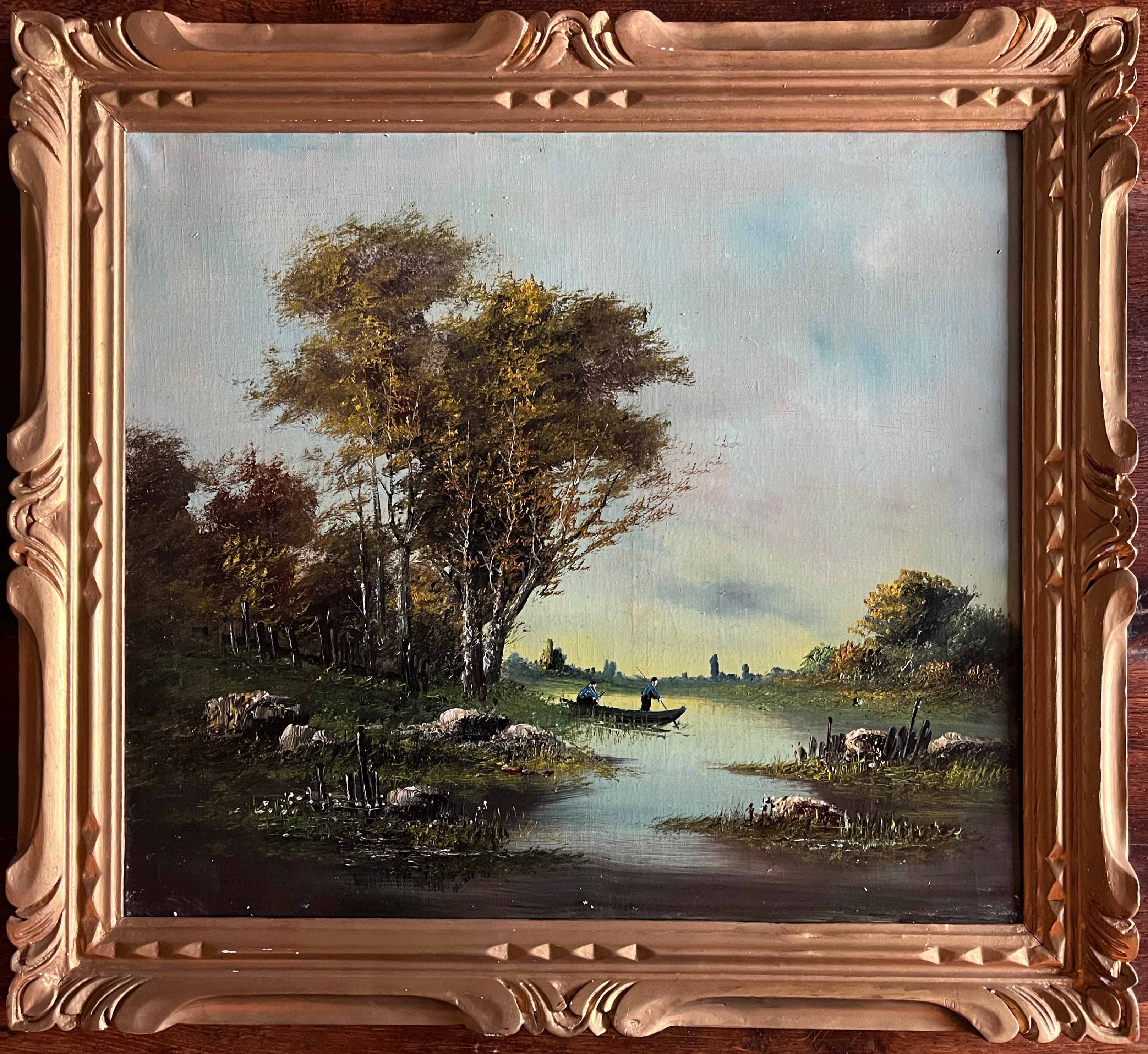 HST painting "Landscape with fishermen" 1898 signed Lion + frame