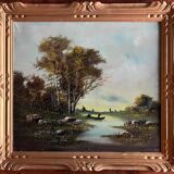 HST painting "Landscape with fishermen" 1898 signed Lion + frame