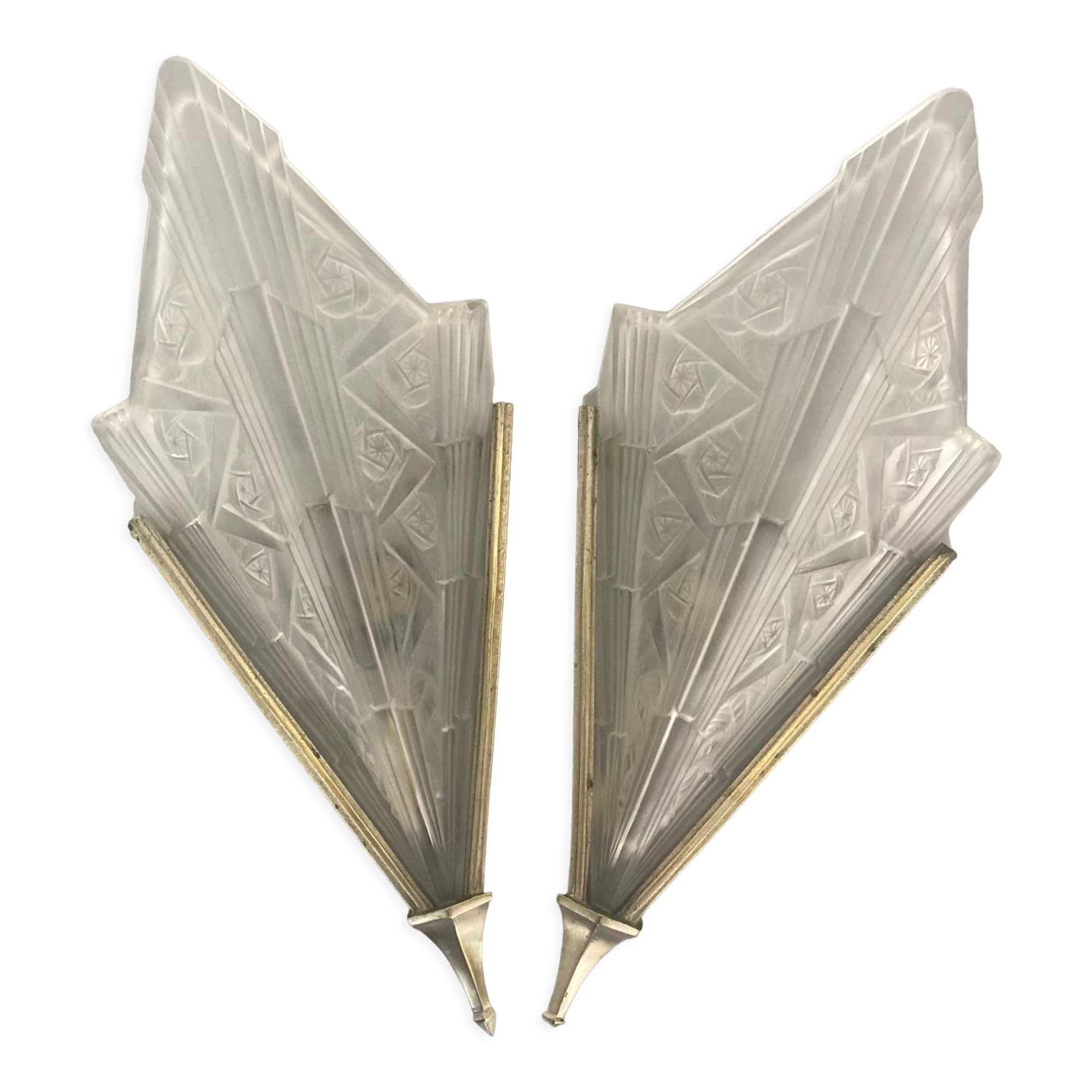 Pair of art deco metal and satin pressed glass sconces