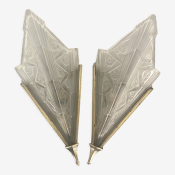 Pair of art deco metal and satin pressed glass sconces