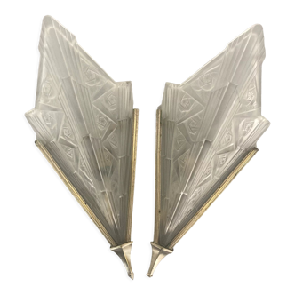 Pair of art deco metal and satin pressed glass sconces