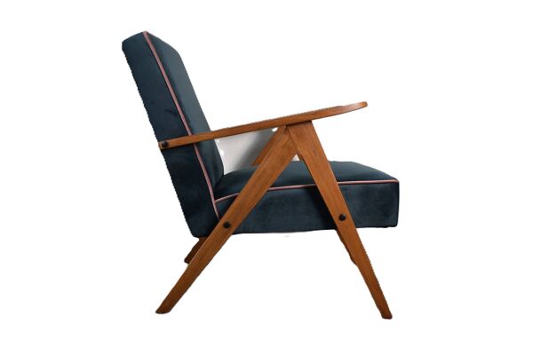 Chaise compas restaurée, tissu jaune canari, fil rose, teck, 1960