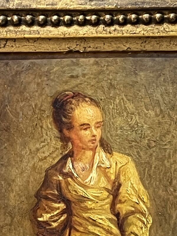 Huile sur panneau de bois, femme au panier, signé LP, Jean Baptiste Le Prince ?