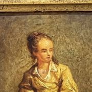 Oil on wood panel, woman with basket, signed LP, Jean Baptiste Le Prince?