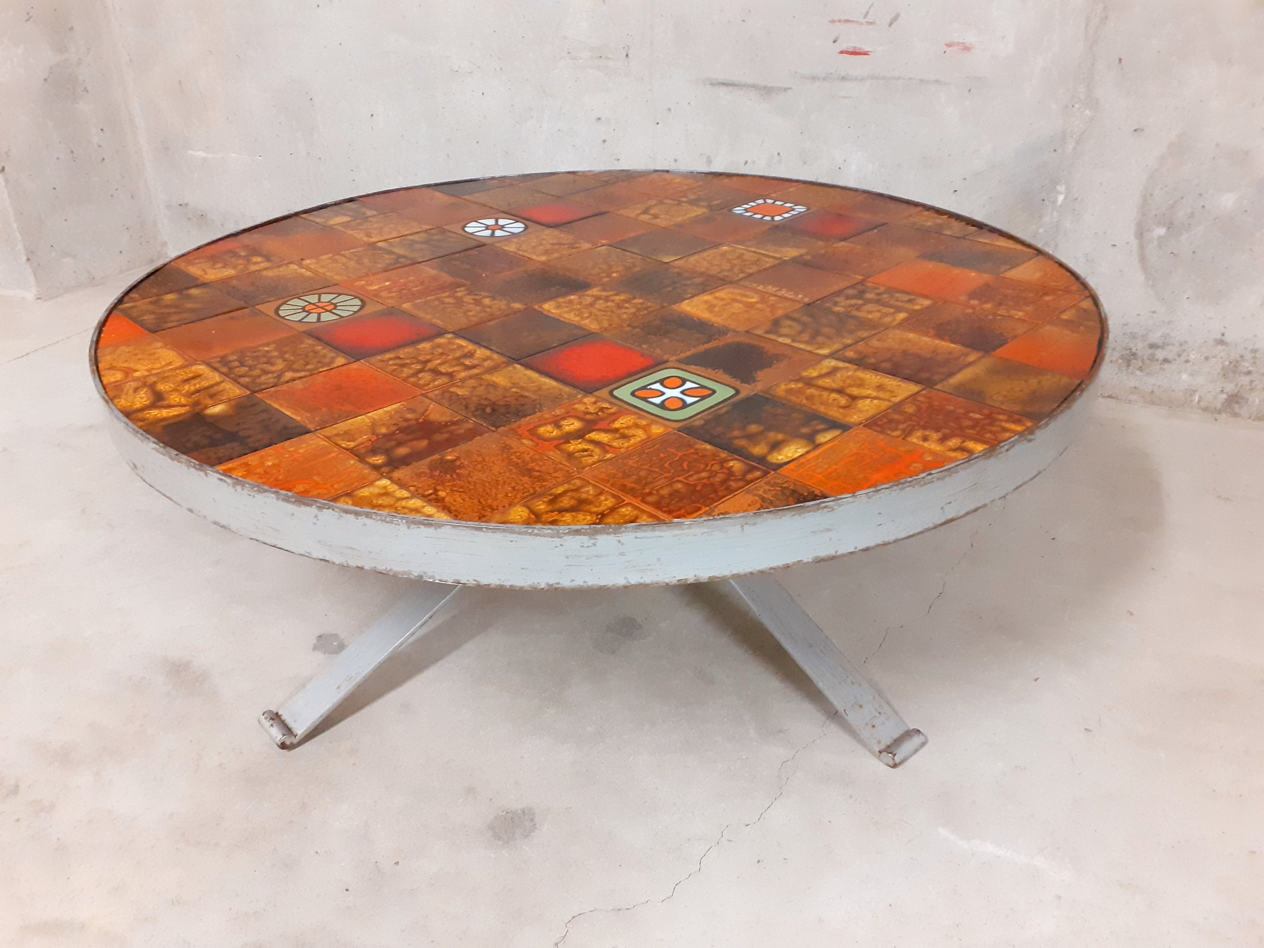 Vintage round coffee table roche-bobois in steel and ceramic 70s
