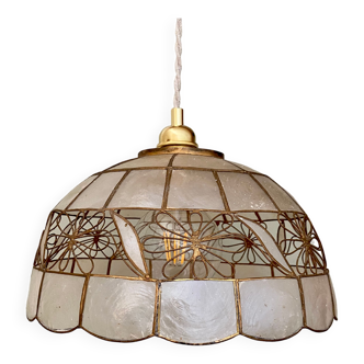 Vintage lampshade suspension in mother-of-pearl and brass