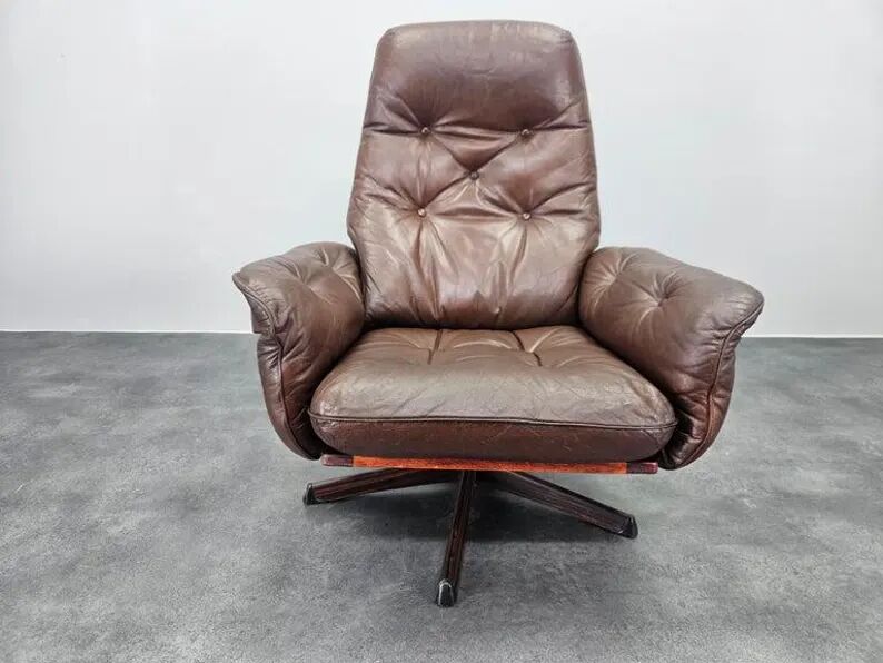 Midcentury Swivel Leather and Wood Armchair Göte Möbler Nässjö, Sweden, 1960s