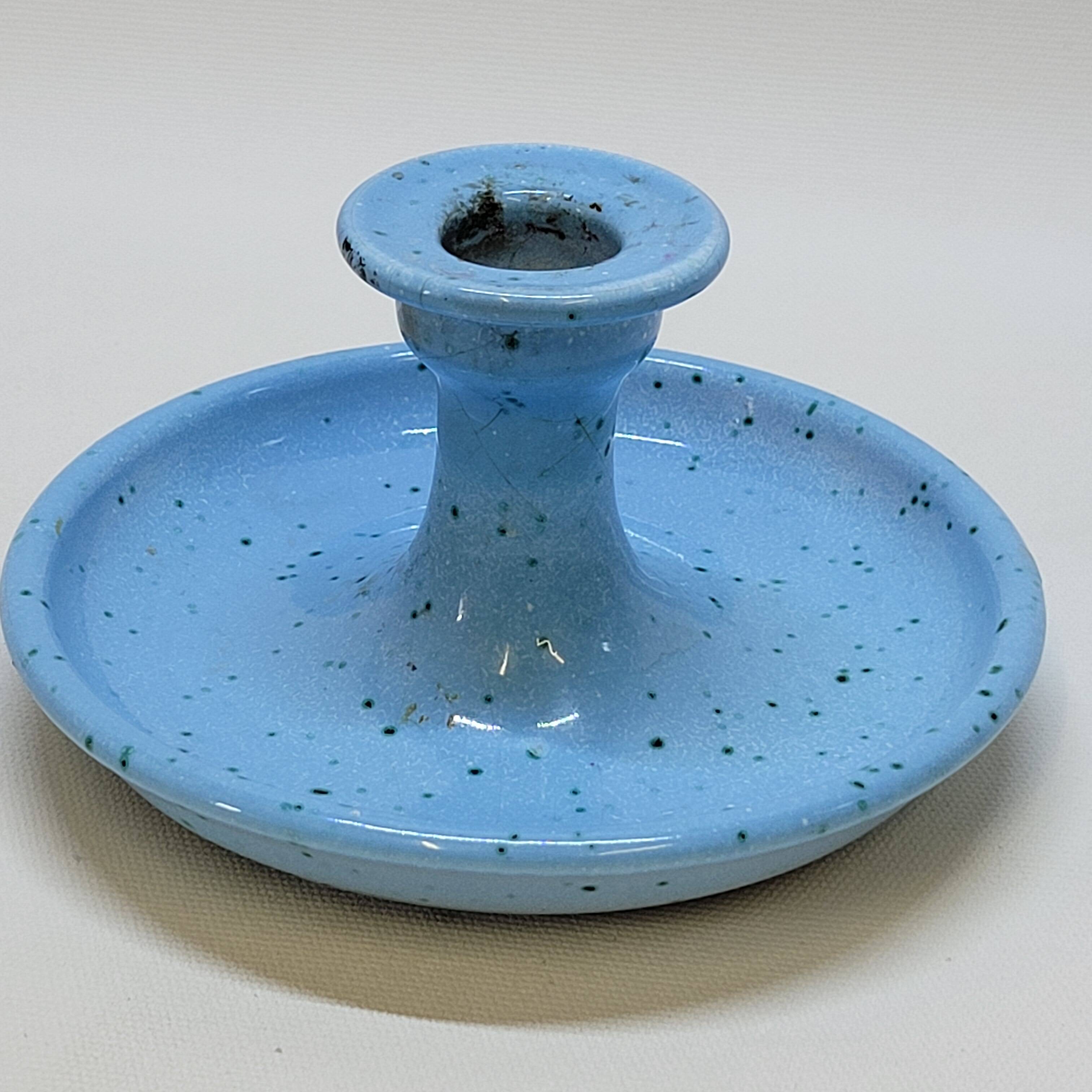 Light blue glazed ceramic candle holder with green speckled signed scorpion stamp