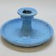 Light blue glazed ceramic candle holder with green speckled signed scorpion stamp