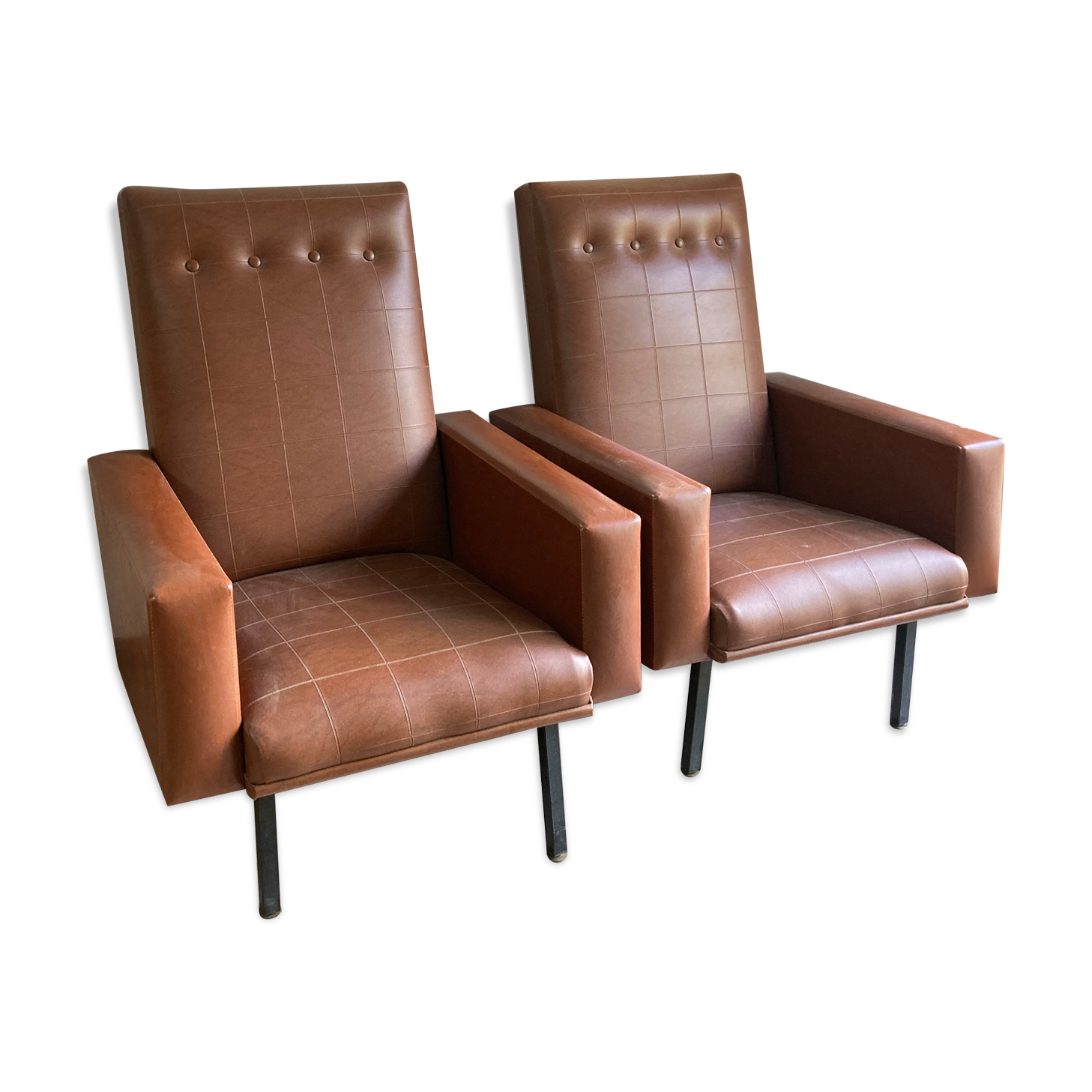 Pair of armchairs in vintage brown skai years 50