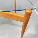 Table basse en verre avec cadre en bois, années 1960, Tchécoslovaquie