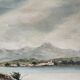 Painting - landscape lake and mountain, oil on wood panel, mid xx century period