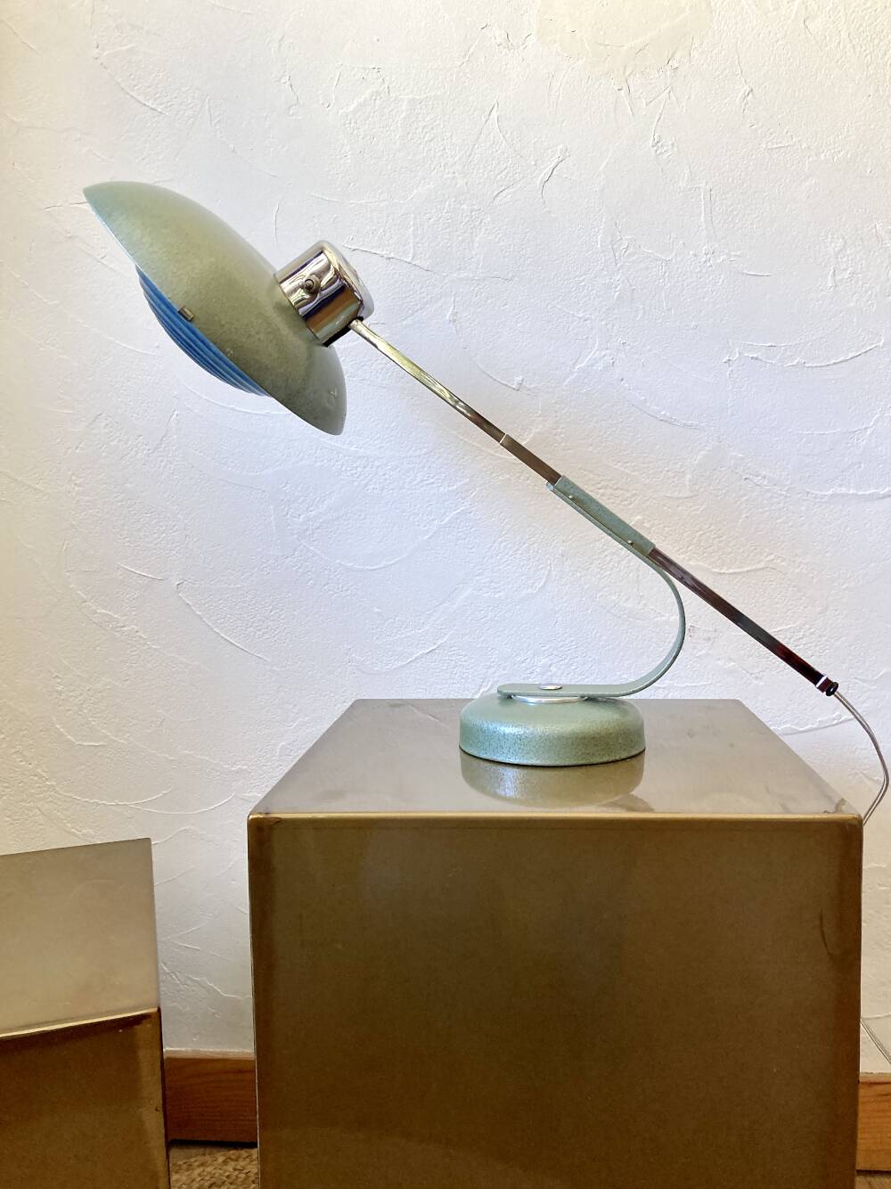 Solère telescopic lamp, hammered paint & blue diffuser, 1950s