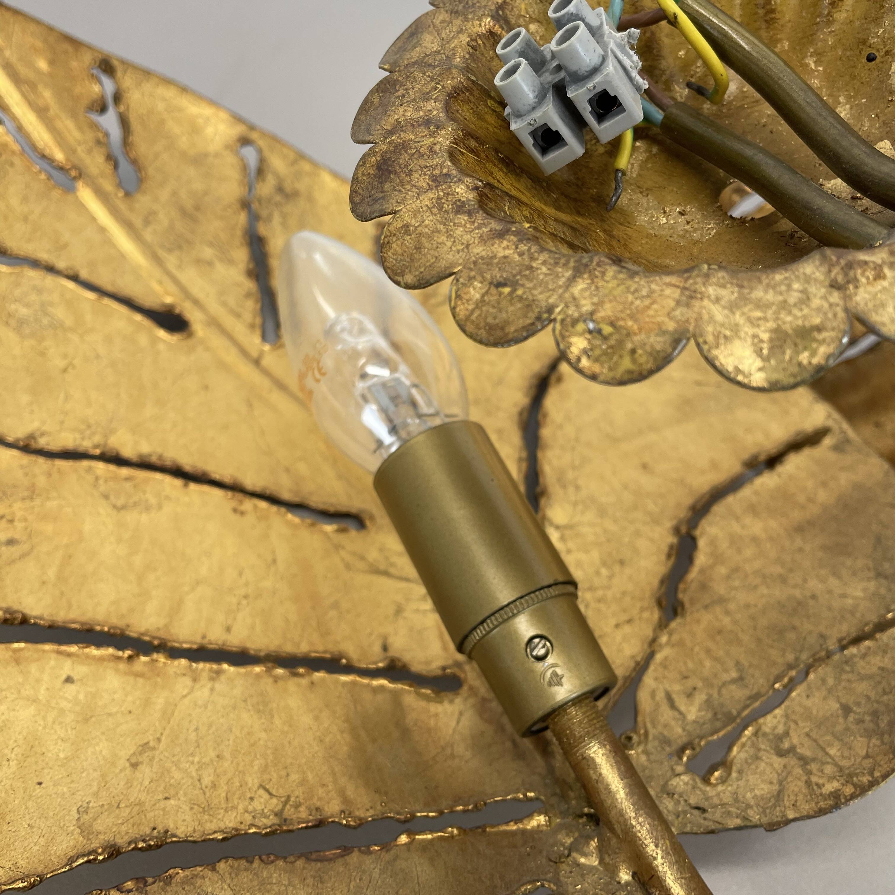 Golden metal "monstera" leaf wall light sconce, france, 1970s
