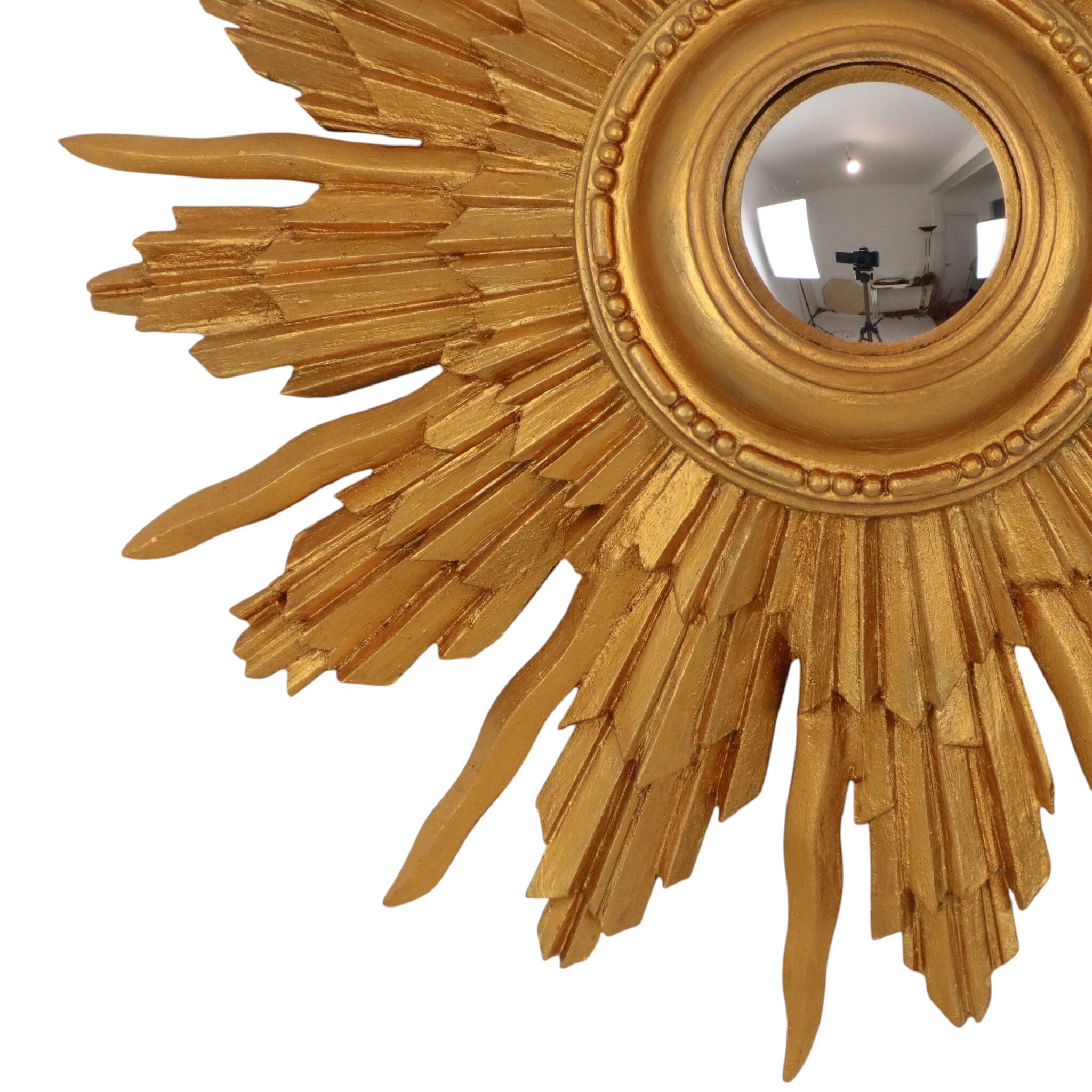Vintage Wooden Sunburst Convex Mirror, Gold, 46cm