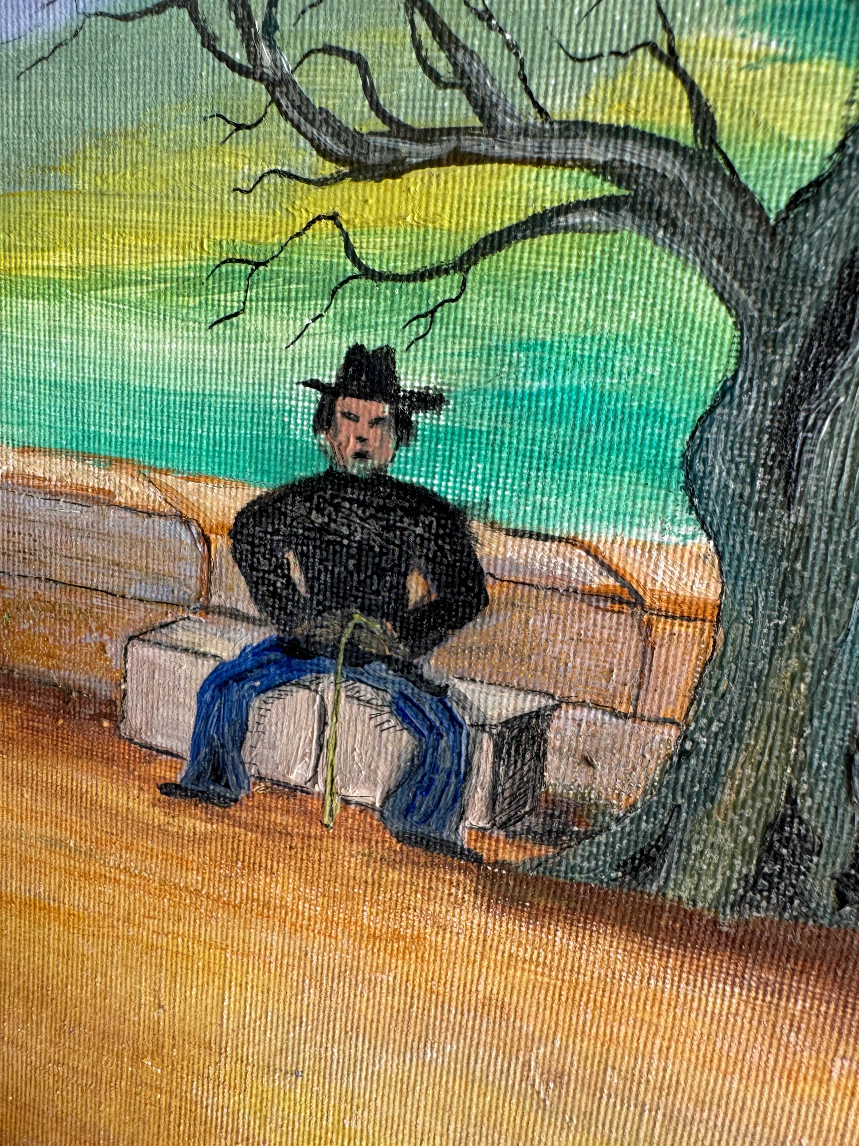 Jeux des Boules (1979) by Rossignol — Blue canvas painting, 61 x 38 x 3 cm, vintage French scene